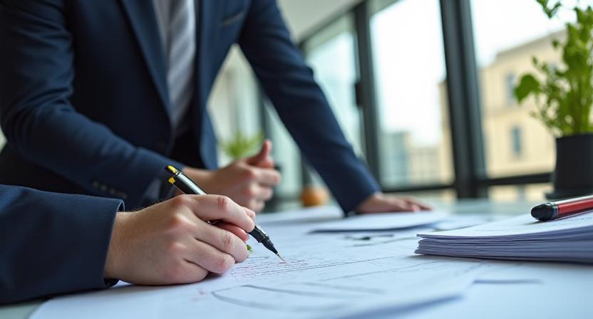 Professional lawyer reviewing a complex business contract with a magnifying glass metaphor